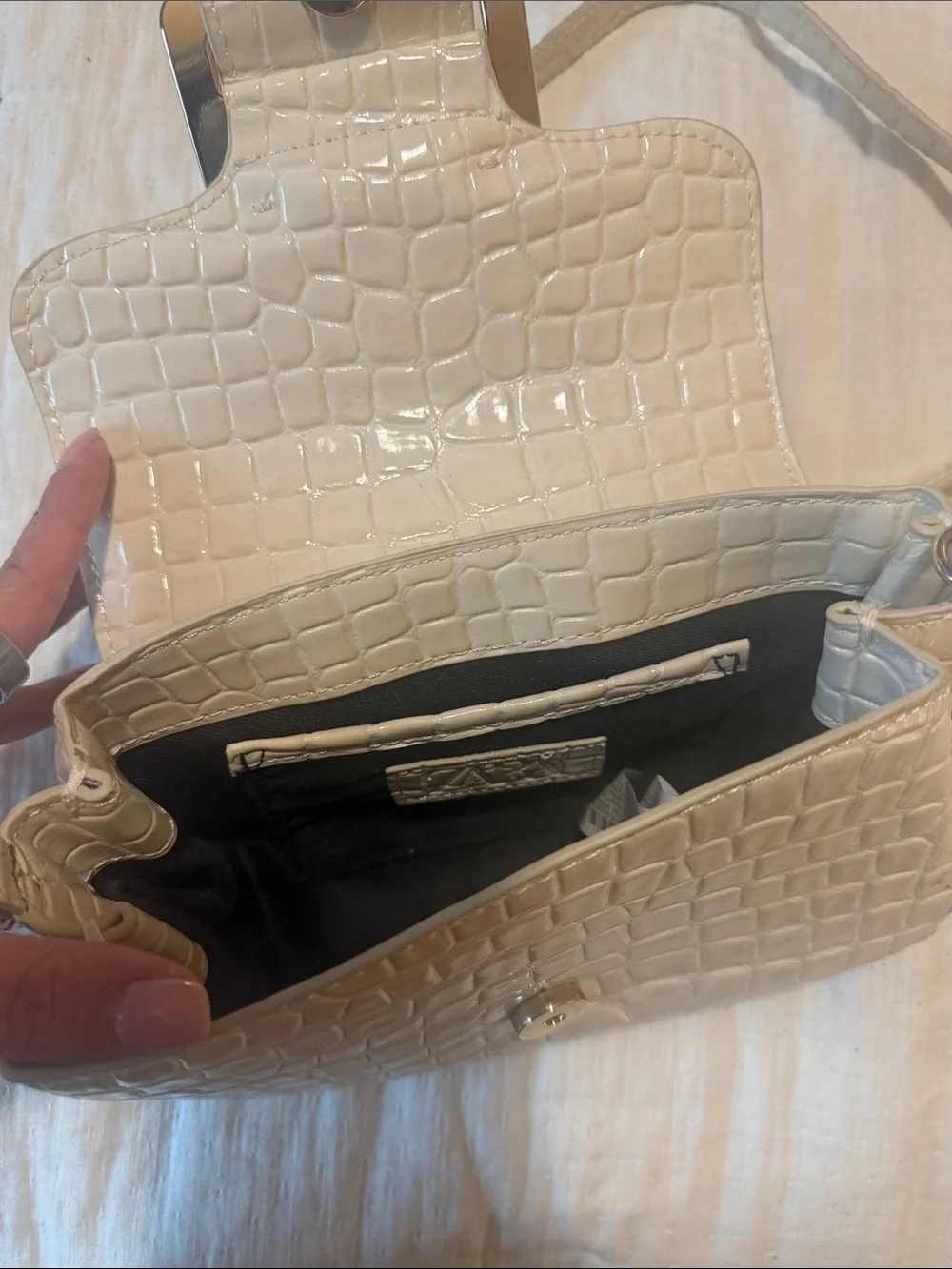 Zara Cream Croc-Embossed Top Handle Crossbody with Chain Strap